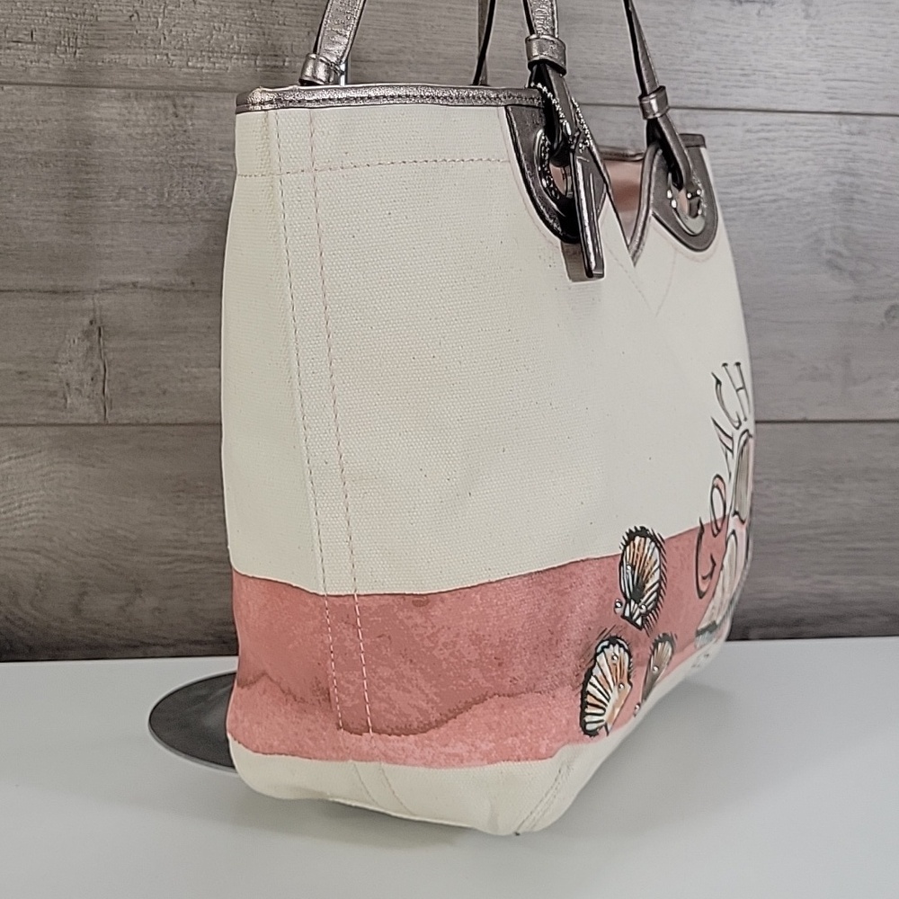 Coach Canvas Tote with Pink Stripe and Seashell Motif Tote Shoulder Bag F19273 - Picture 3 of 16